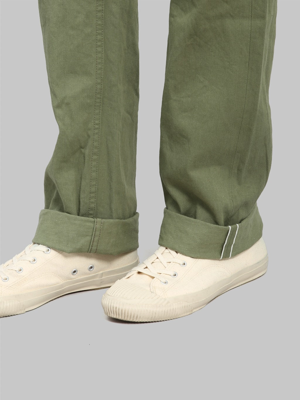 oni 737 selvedge chino trouser khaki light olive wide interior weft