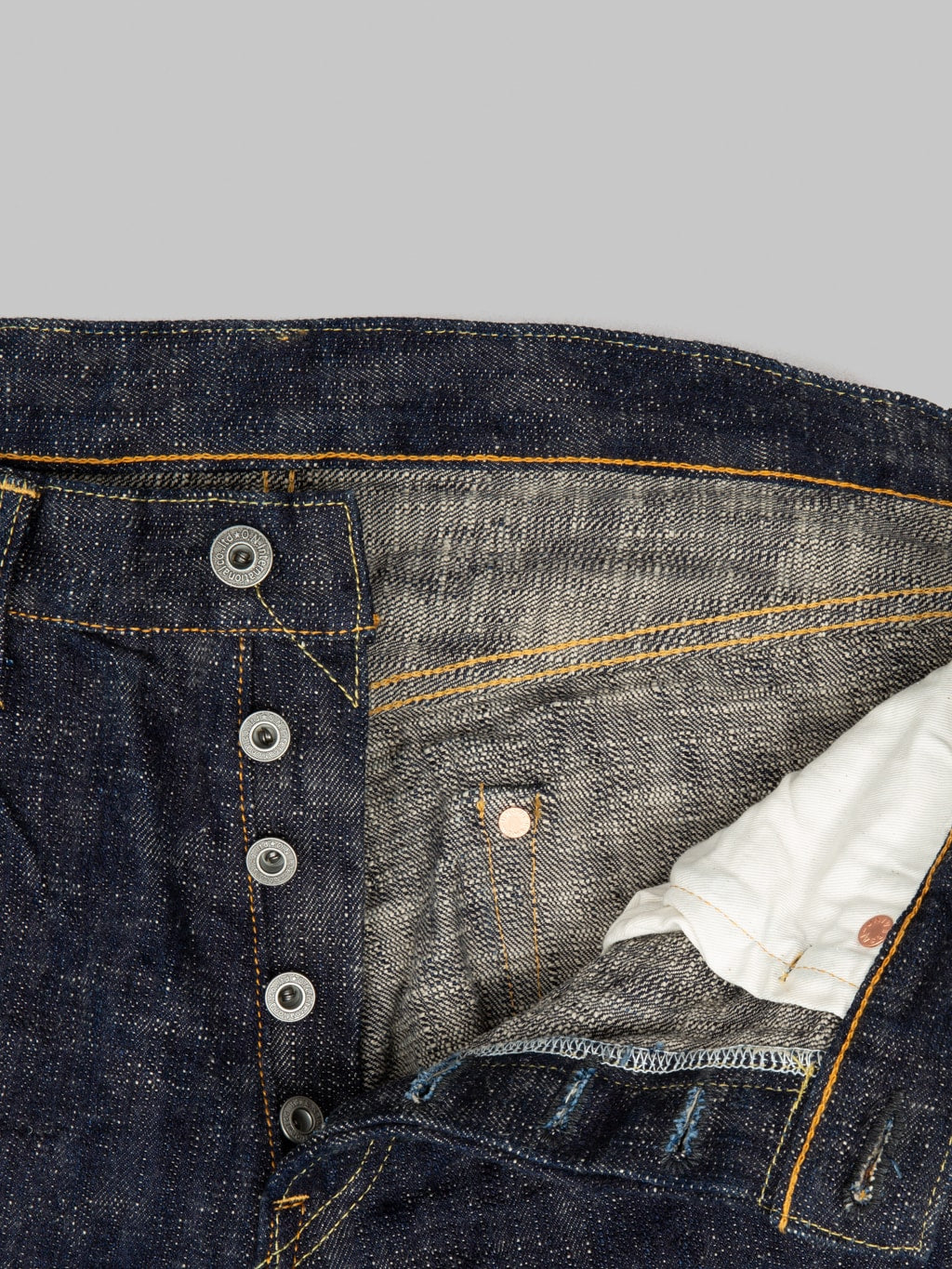 oni 902 kasuri 17oz selvedge denim high rise relaxed tapered jeans buttons