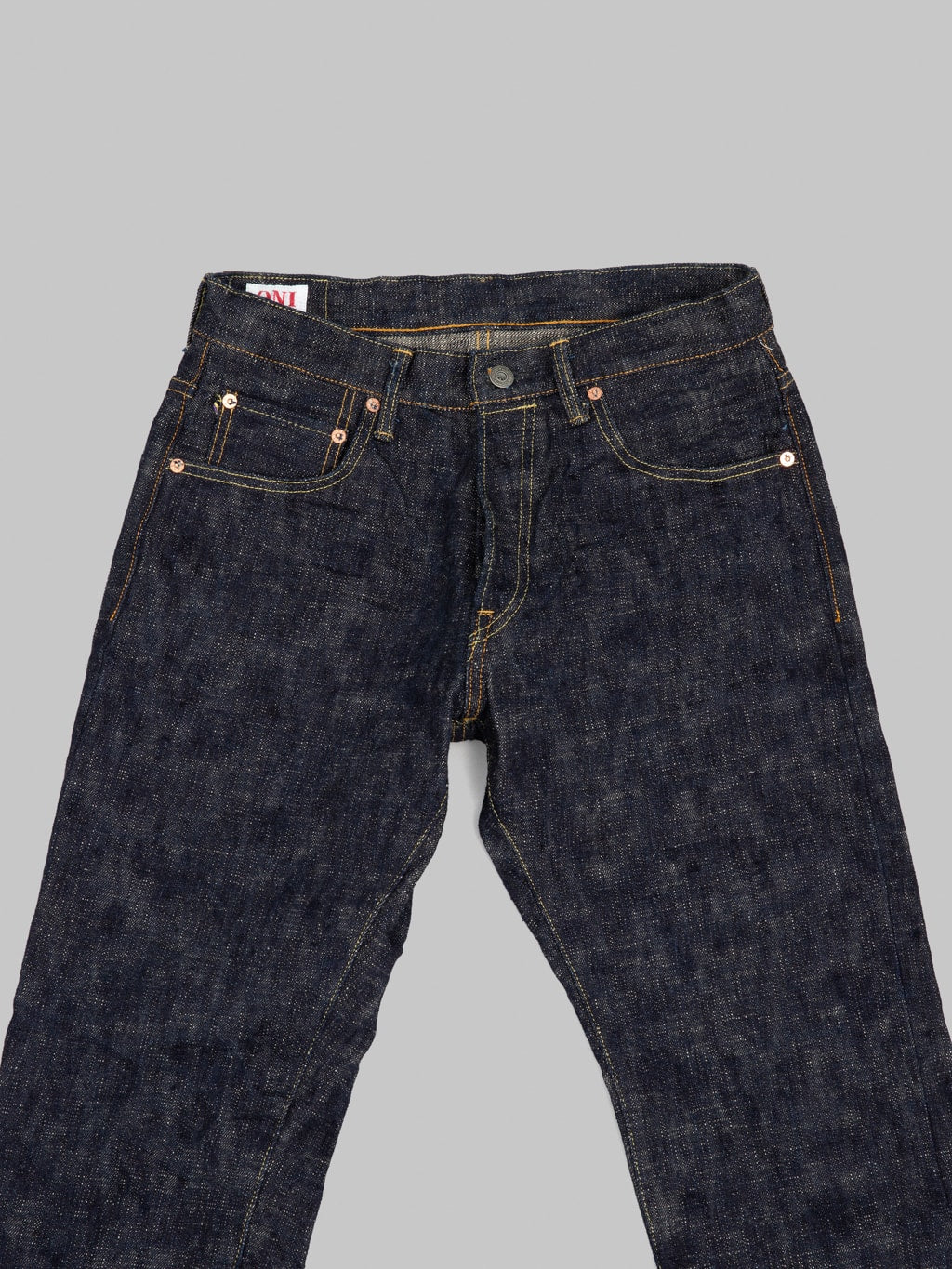 oni 902 kasuri selvedge denim high rise relaxed tapered jeans front details