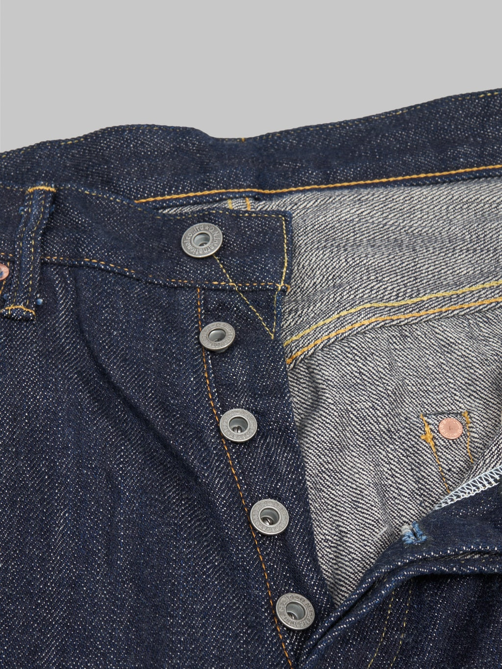 ONI Denim 022 KI Kiraku 12oz Relax Straight Jeans buttons closeup