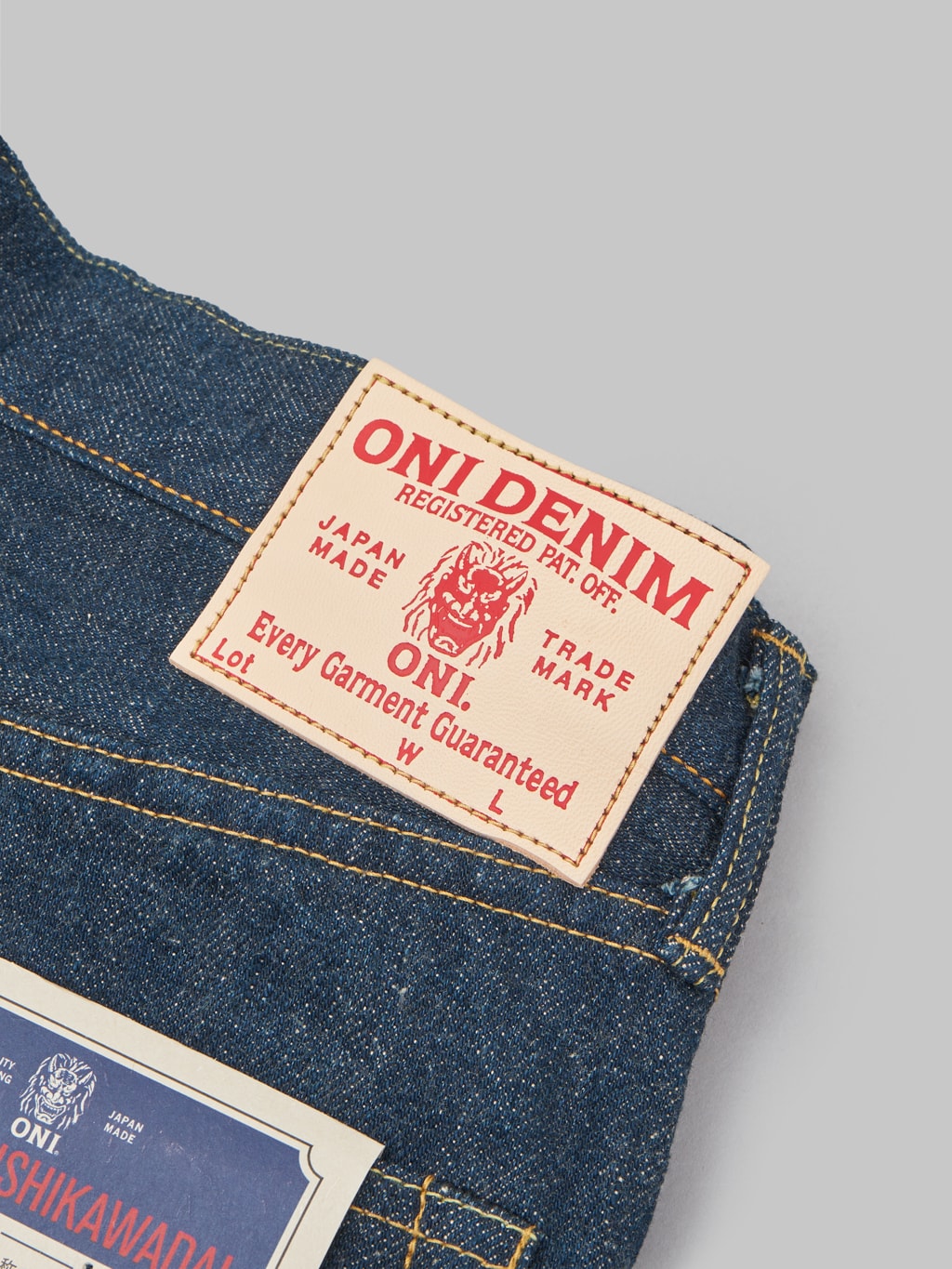 oni denim 200 ishikawadai 15oz wide straight selvedge jeans leather patch