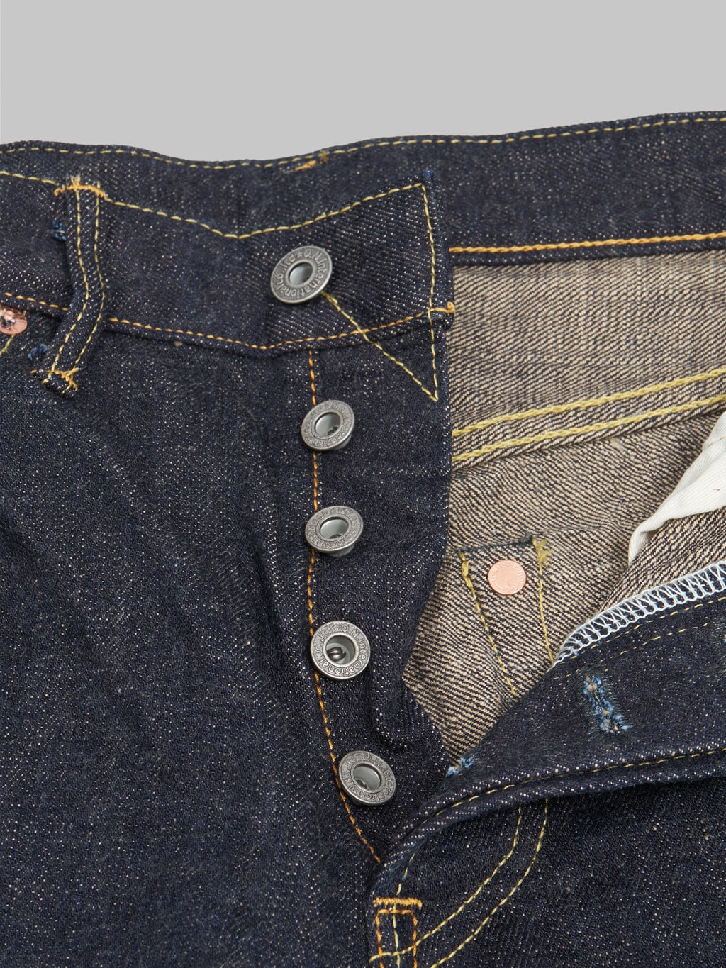 oni denim 246 indigo beige 14oz neat straight selvedge jeans buttons