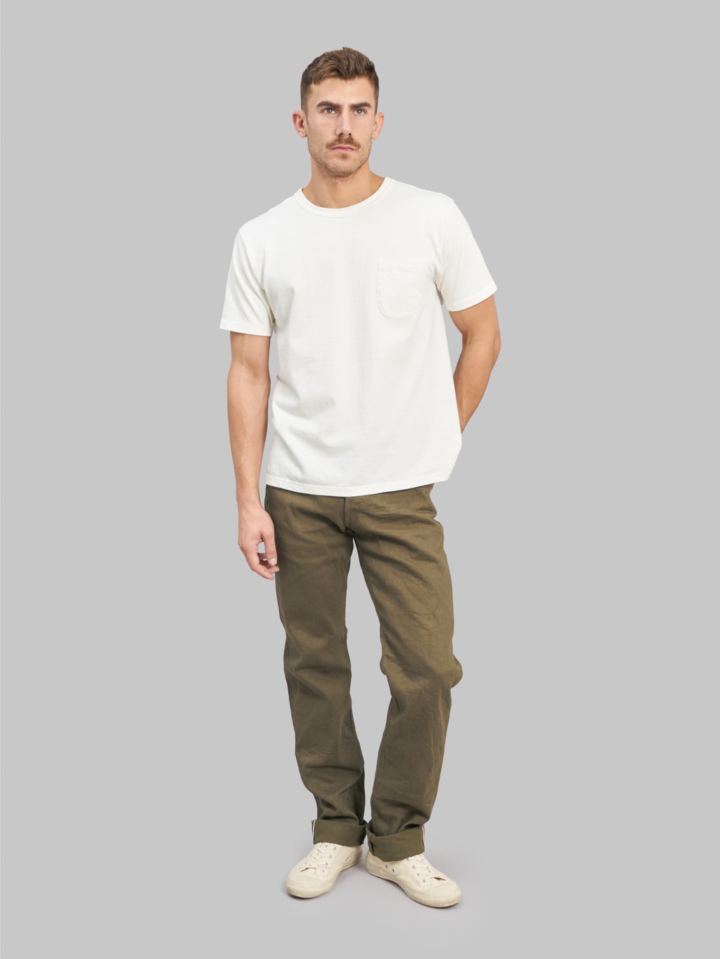 oni 246 olive warp and weft neat straight selvedge jeans style