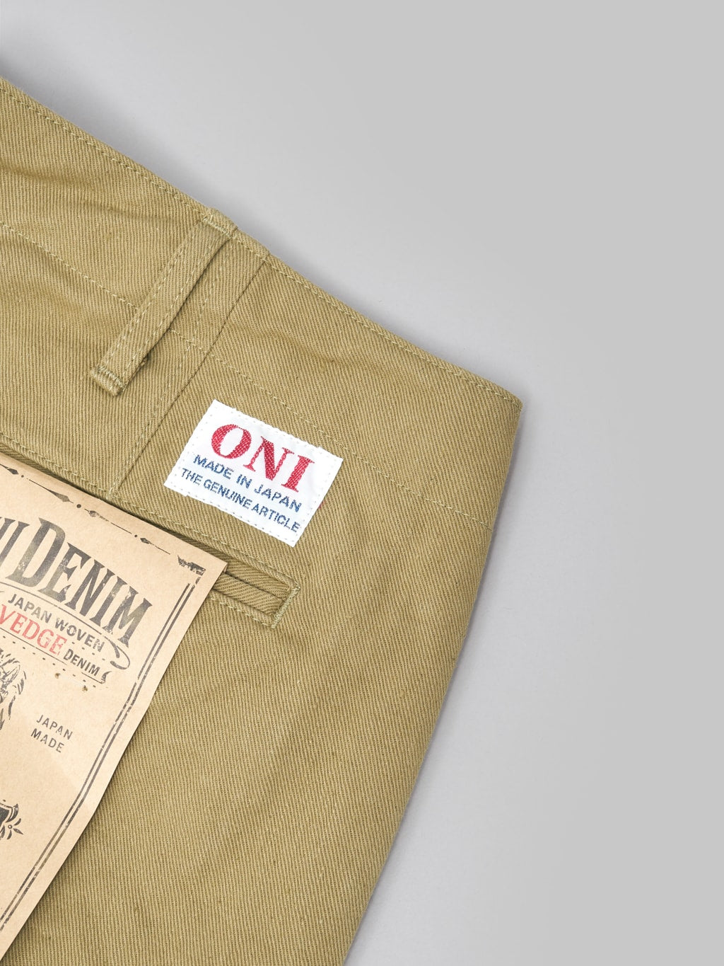 oni 777 british drill wide selvedge trousers brand label