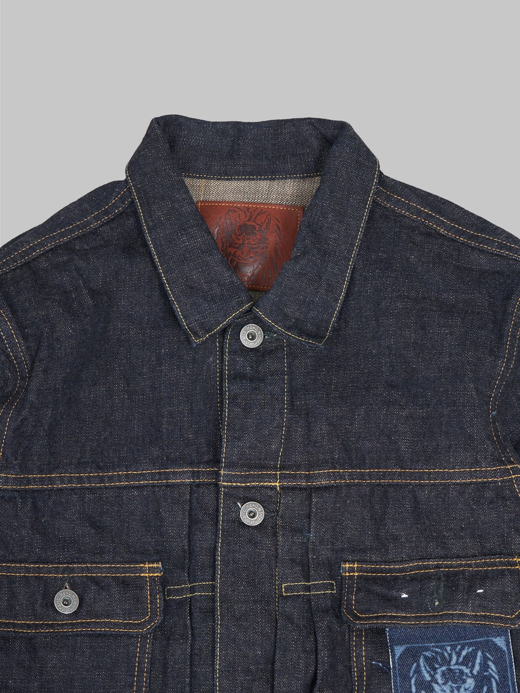 oni denim indigo beige 14oz type 2 jacket chest details