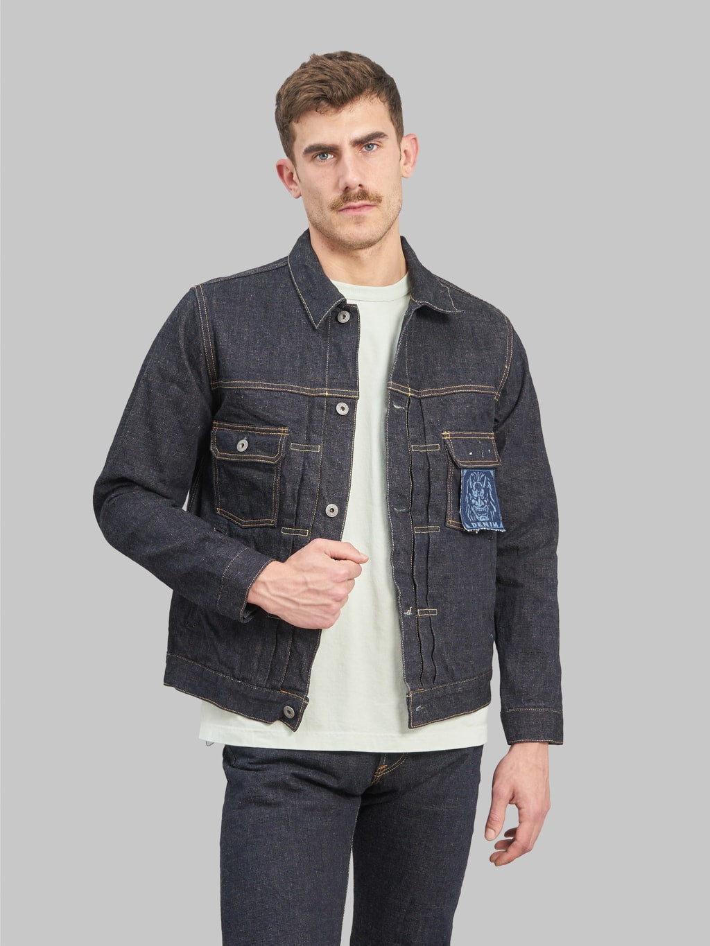 oni denim indigo beige 14oz type 2 jacket look