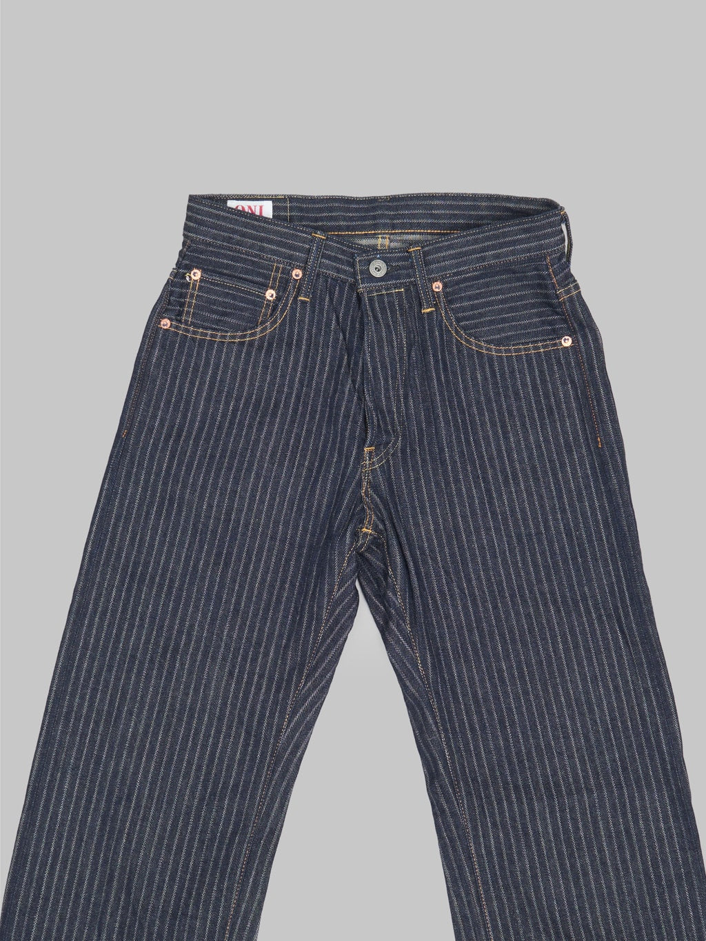 oni drop needle stitching  jacquard striped relax straight selevdge jeans front details