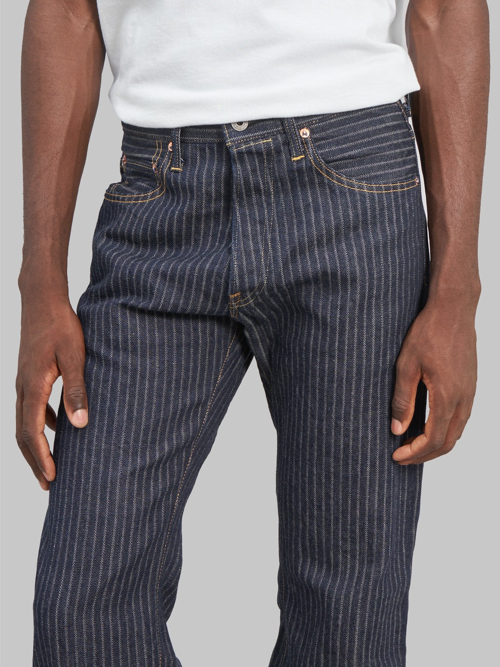 oni drop needle stitching 12oz jacquard striped relax straight selevdge jeans waist