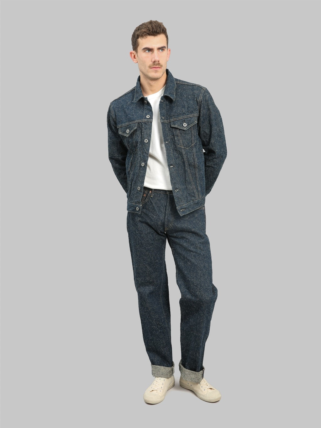 oni kabuki crushed concrete denim type 3 selvedge jacket total look