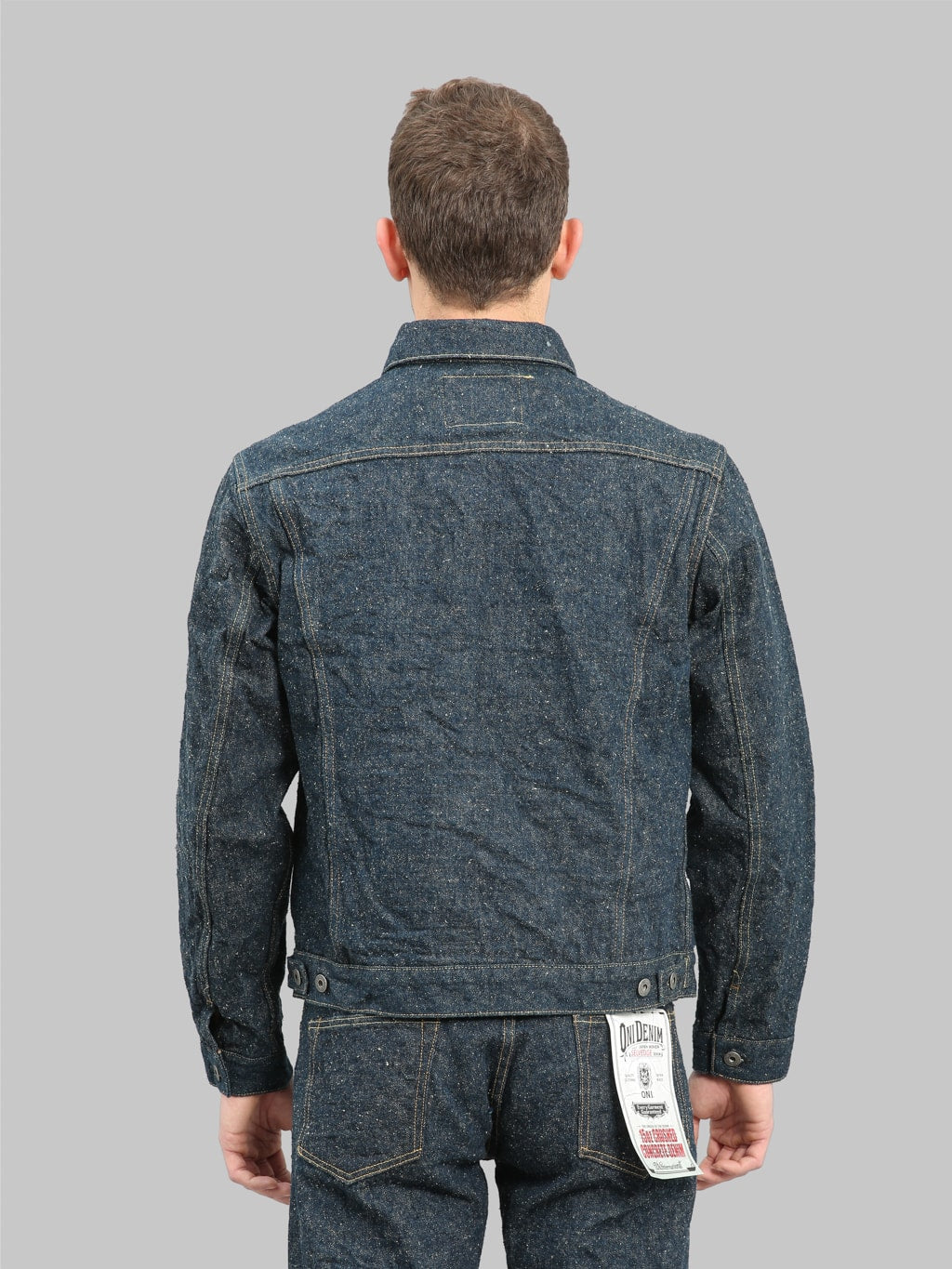 oni kabuki crushed concrete denim type 3 selvedge jacket back look