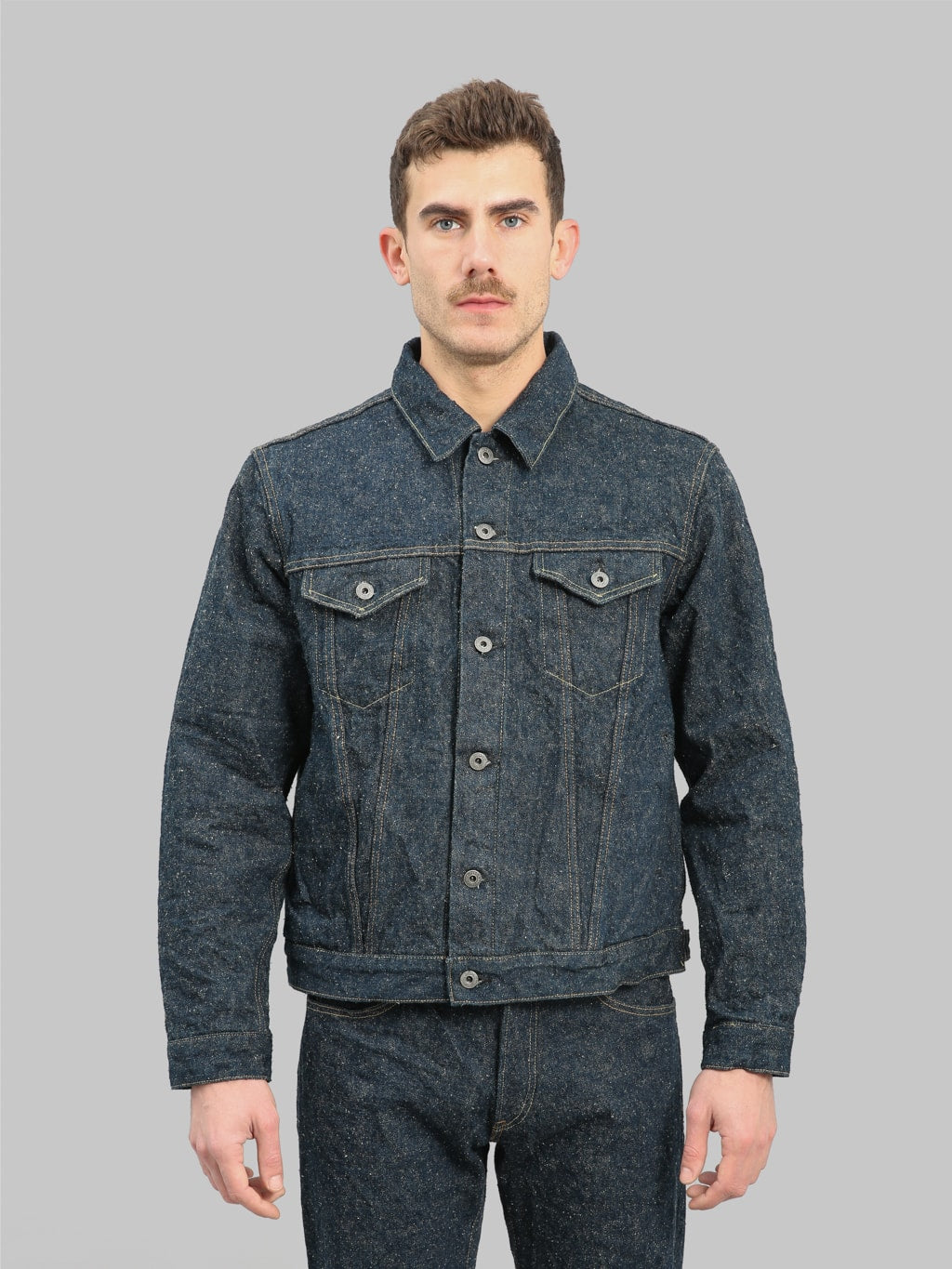 oni kabuki crushed concrete denim type 3 selvedge jacket front look