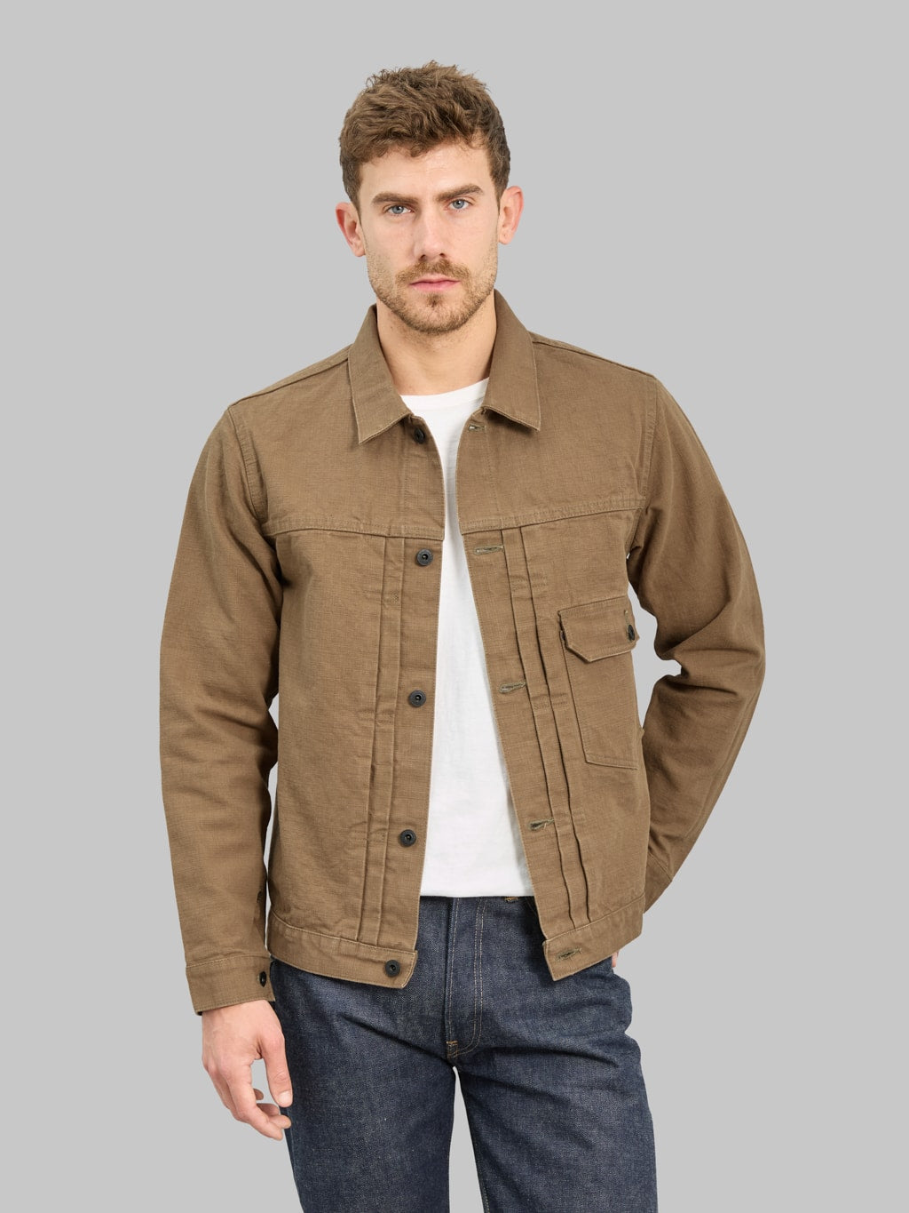 ONI Denim 01507L HOXBRK 13oz Type Ⅰ Jacket Brown Khaki front styled