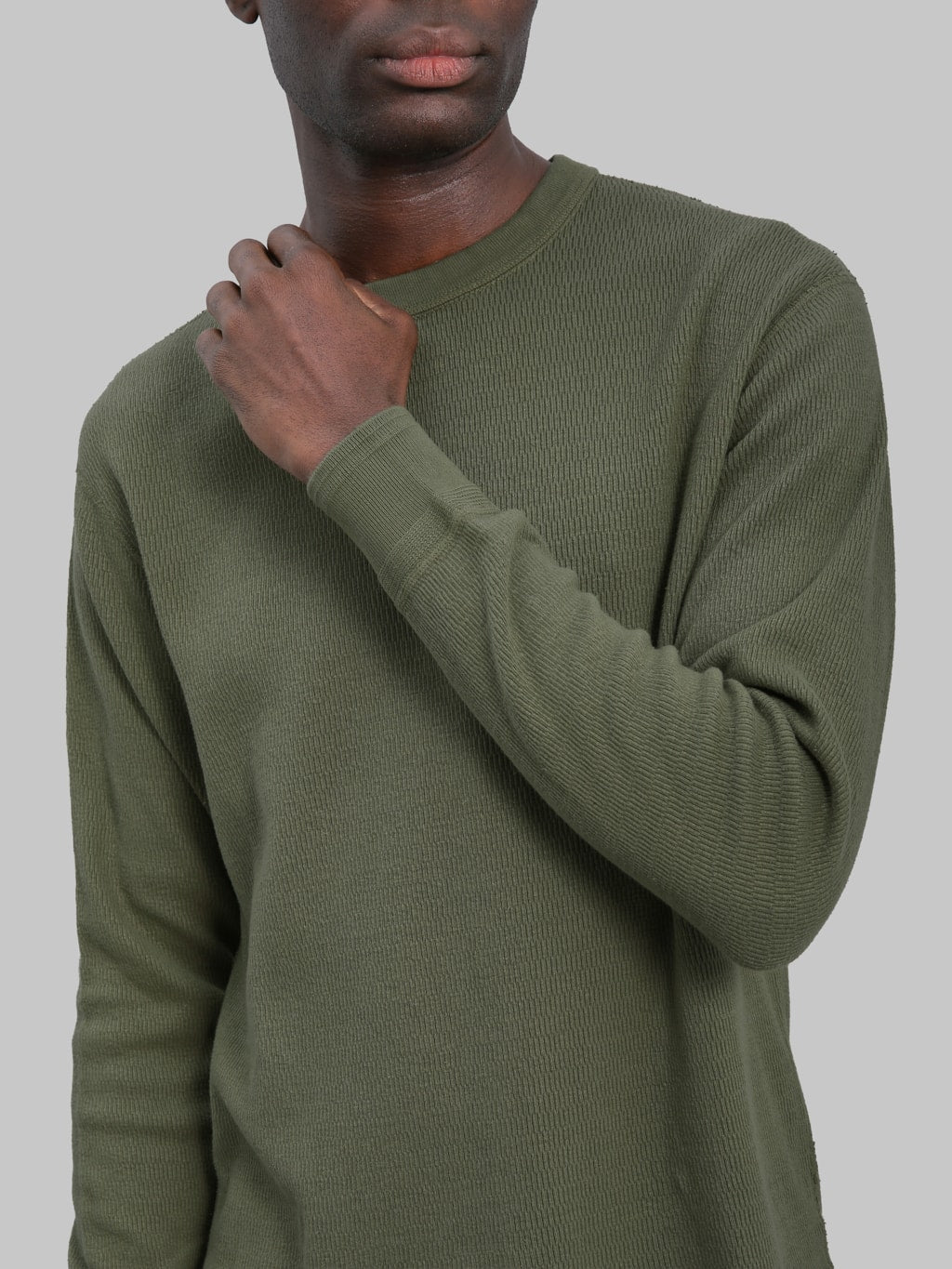 Loop & Weft Supima Long Honeycomb Knit Crewneck Thermal Army Olive - Redcast Heritage Co.