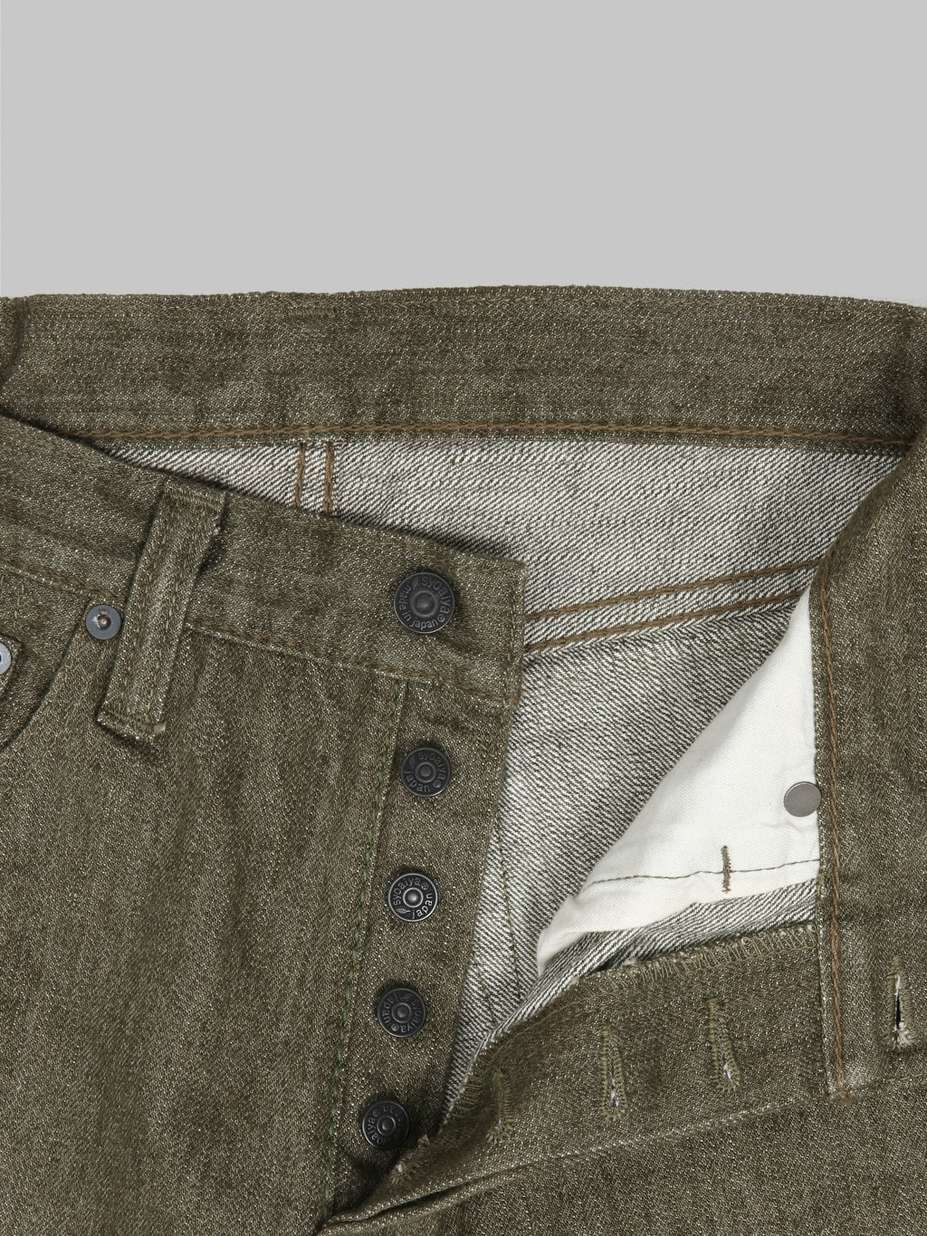 pure blue japan 14oz 019 relax tapered olive selvedge jeans buttons