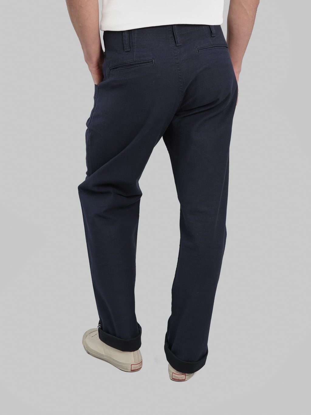 Pure Blue Japan 1185NV Satin Sulfur Dye Piped Straight Trousers Navy  back styled