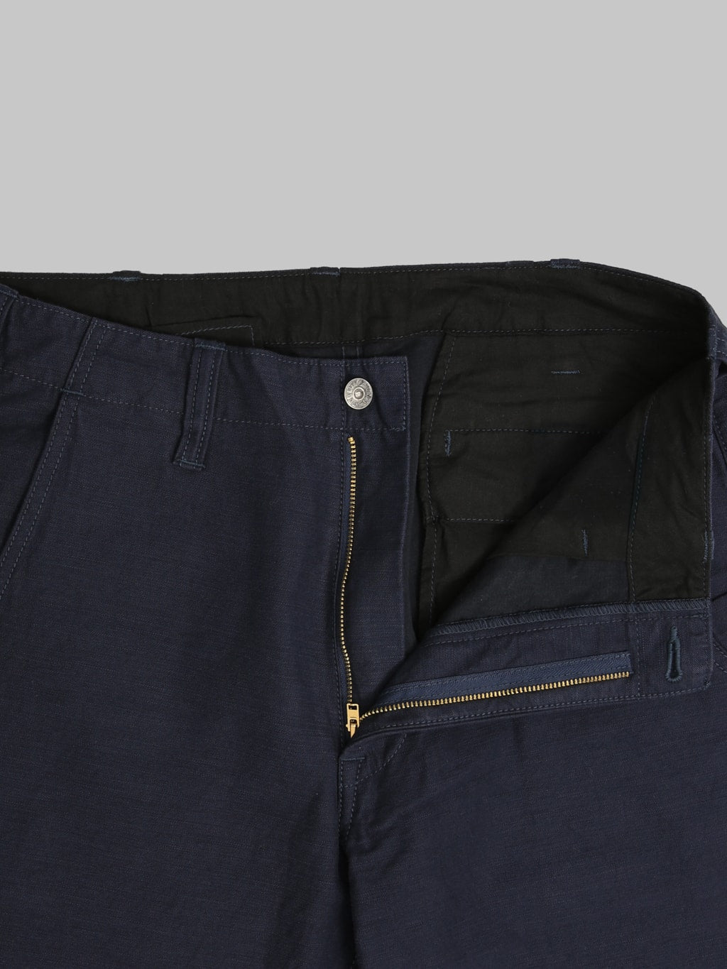 Pure Blue Japan 1185NV Satin Sulfur Dye Piped Straight Trousers Navy zipper