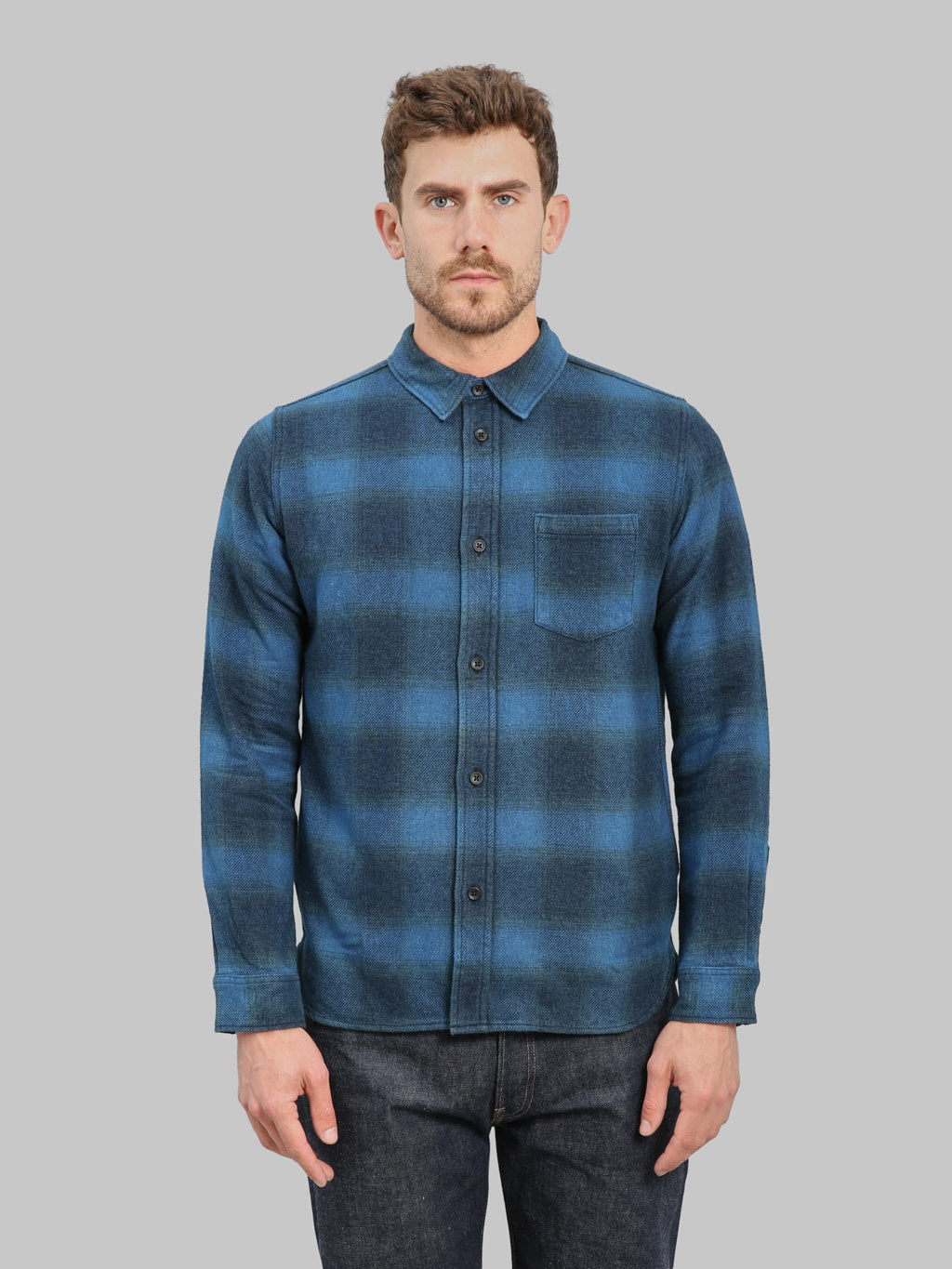 Pure Blue Japan 2235-BE Indigo Overdyed Cotton Tweed Check Shirt Beige