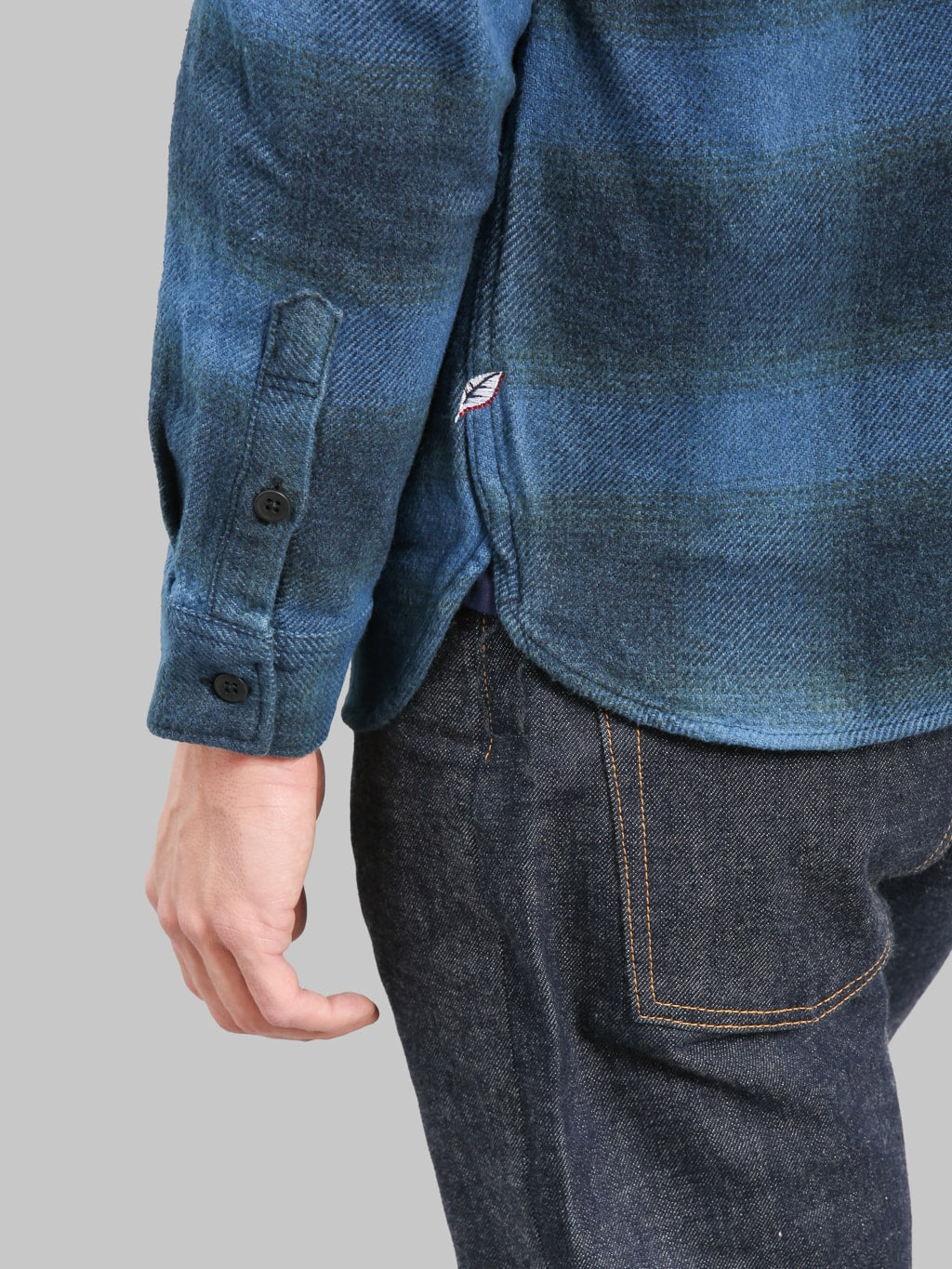 Pure Blue Japan 2235BE Indigo Overdyed Cotton  Shirt Beige cuff details