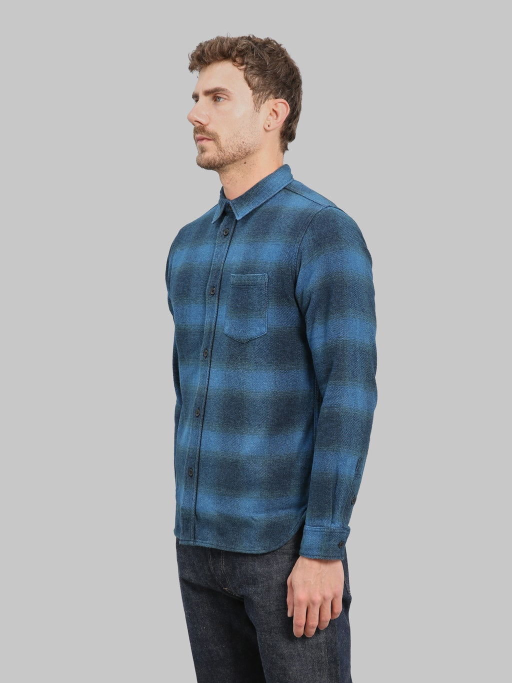 Pure Blue Japan 2235BE Indigo Overdyed Cotton  Shirt Beige side fit