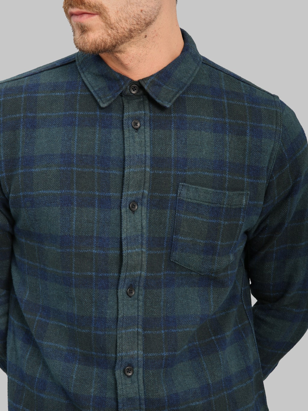 Pure Blue Japan 2235 Indigo Overdyed Cotton Tweed Check Shirt Brown chest