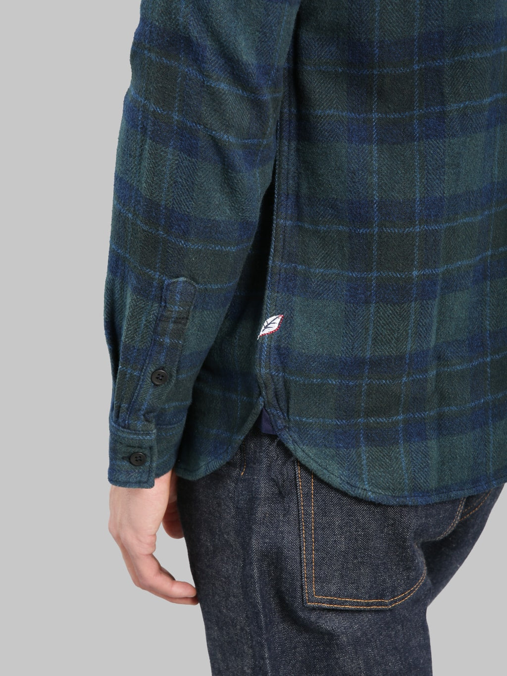 Pure Blue Japan 2235 Indigo Overdyed Cotton Tweed Check Shirt Brown logo