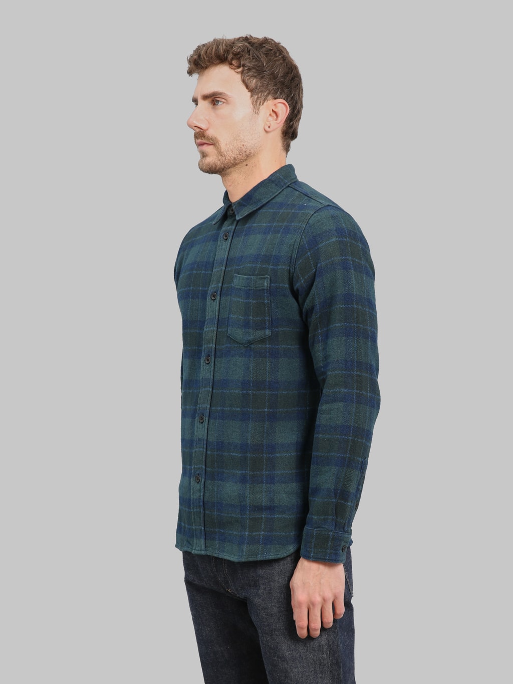 Pure Blue Japan 2235 Indigo Overdyed Cotton Tweed Check Shirt Brown side