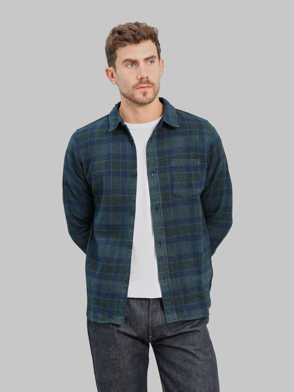 Pure Blue Japan 2235-BR Indigo Overdyed Cotton Tweed Check Shirt Brown