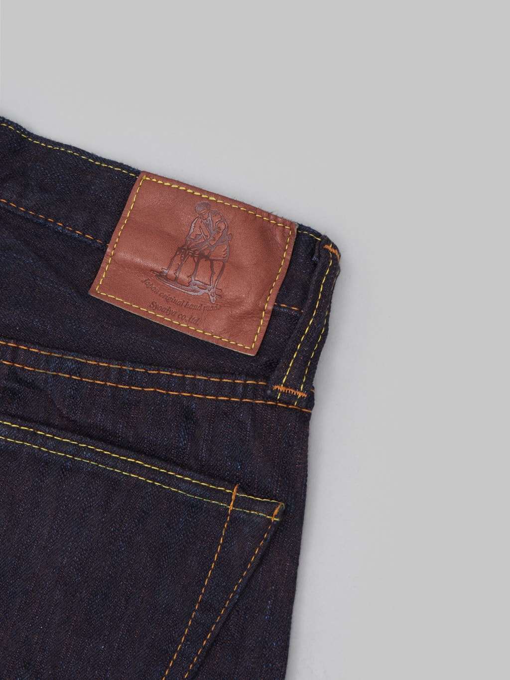 pbj indigo x persimmon extra slub 15oz slim tapered jeans leather patch