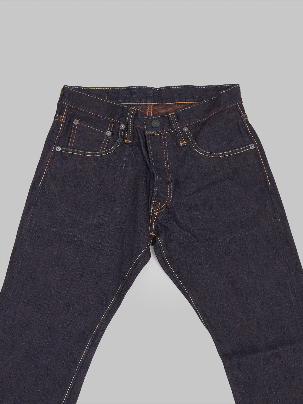 pbj indigo x persimmon extra slub 15oz slim tapered jeans front details