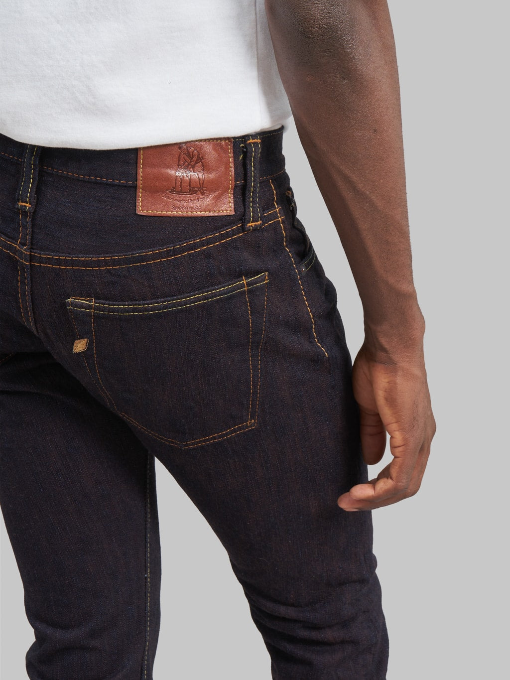 pbj indigo x persimmon extra slub 15oz slim tapered jeans pocket details