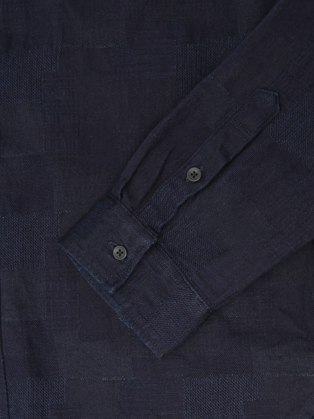 Pure Blue Japan 2239ID Jacquard Boro Patchwork Double Indigo Shirt cuff closeup