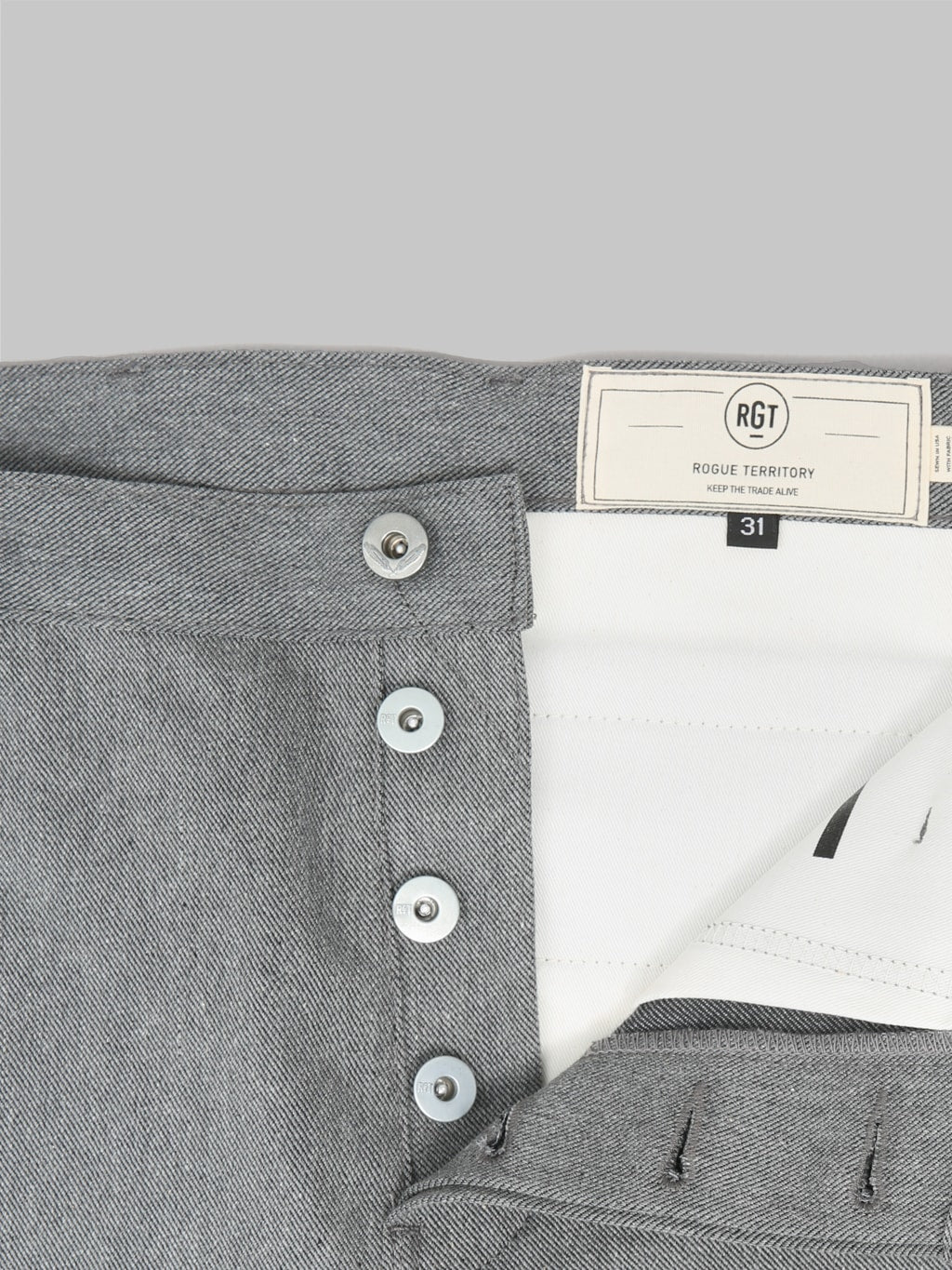 rogue territory 12oz officer trousers high grey selvedge  buttons