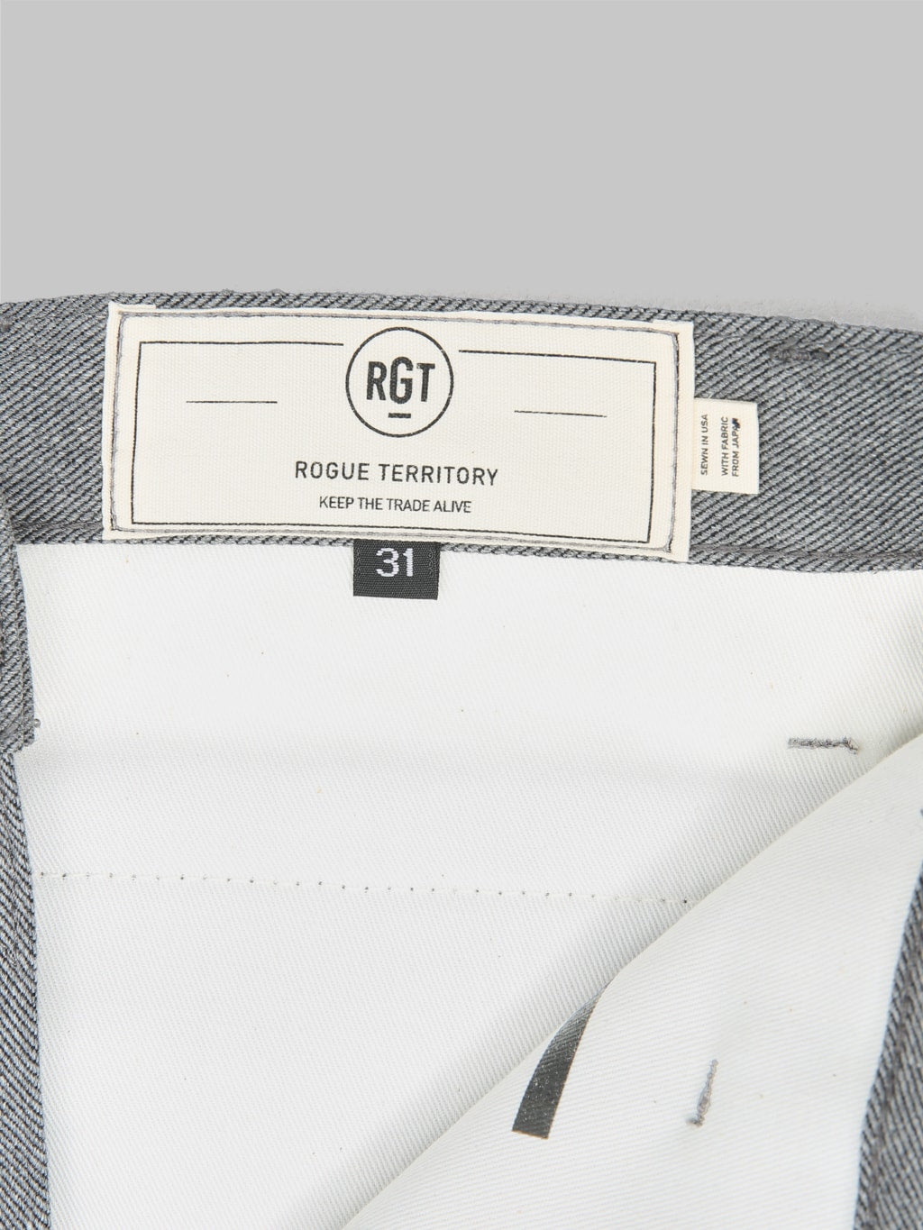 rogue territory 12oz officer trousers high grey selvedge  interior tag