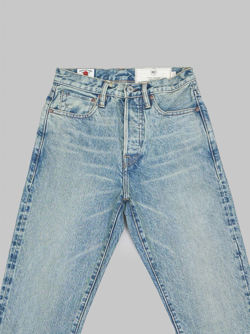 rogue territory strider light indigo wash selvedge jeans front details