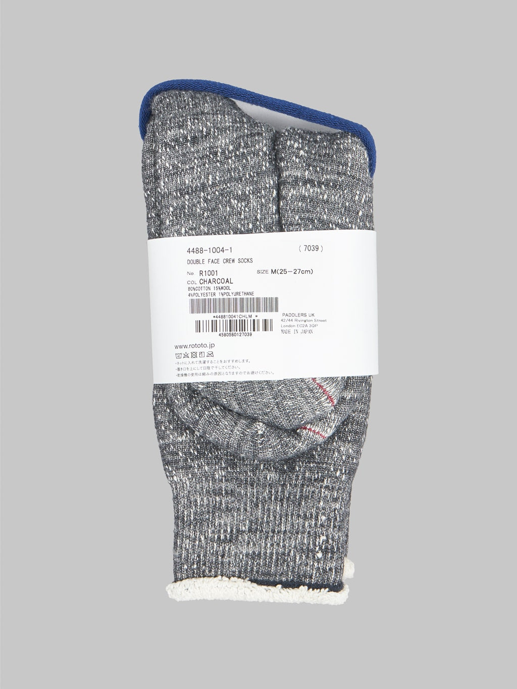 Rototo Double Face Crew Socks Charcoal Label Detail