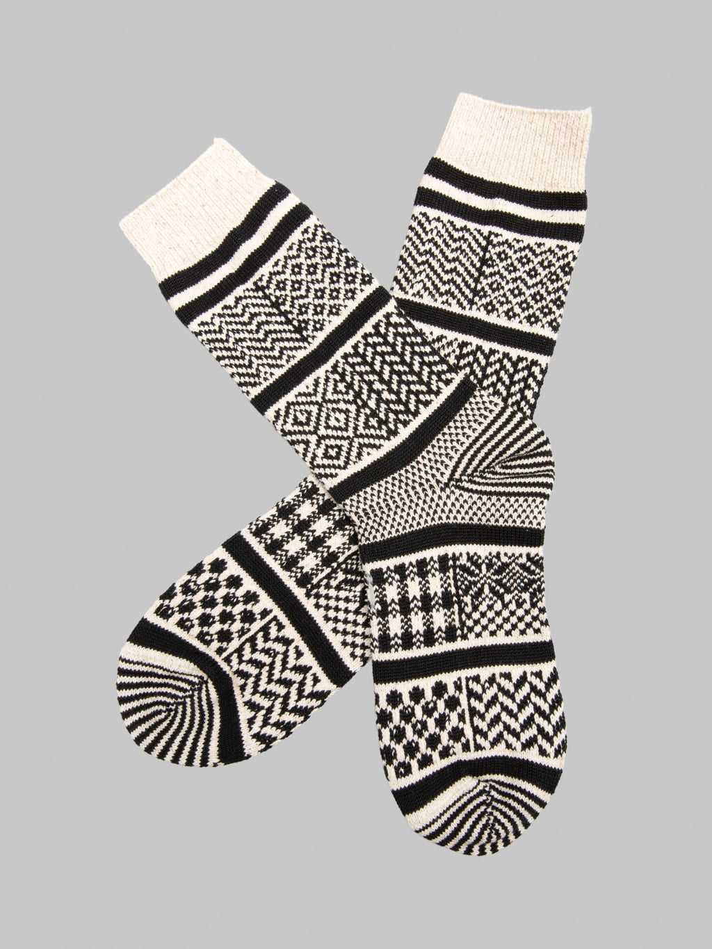 ROTOTO Multi Jacquard Crew Socks Ivory/Black
