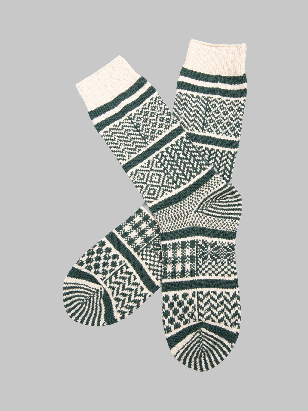 ROTOTO Multi Jacquard Crew Socks Ivory/Dark Green