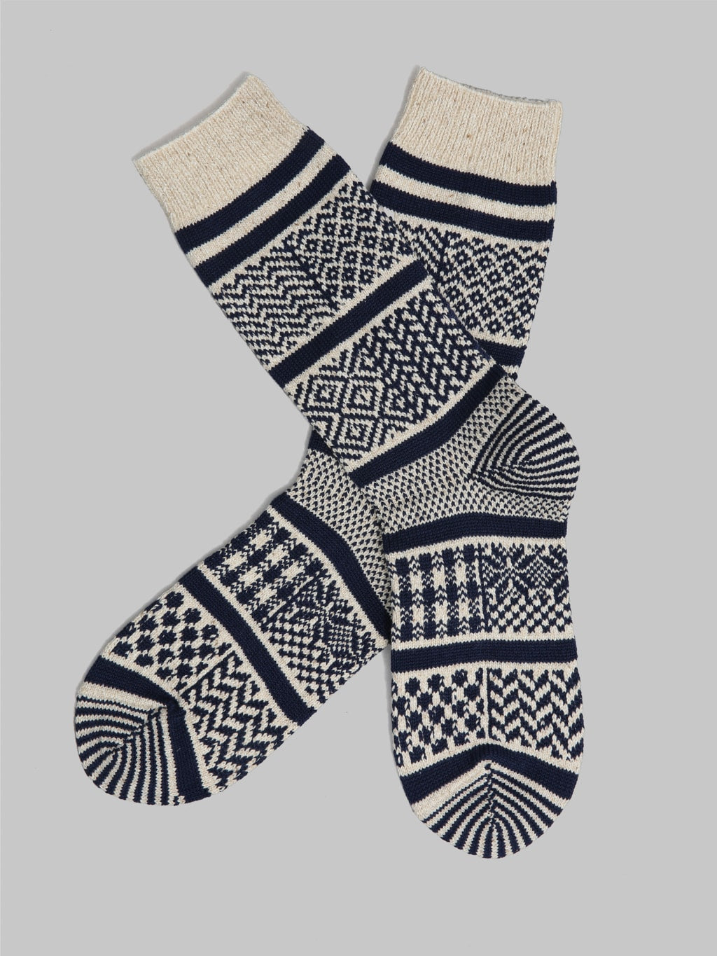 ROTOTO Multi Jacquard Crew Socks Ivory/Navy