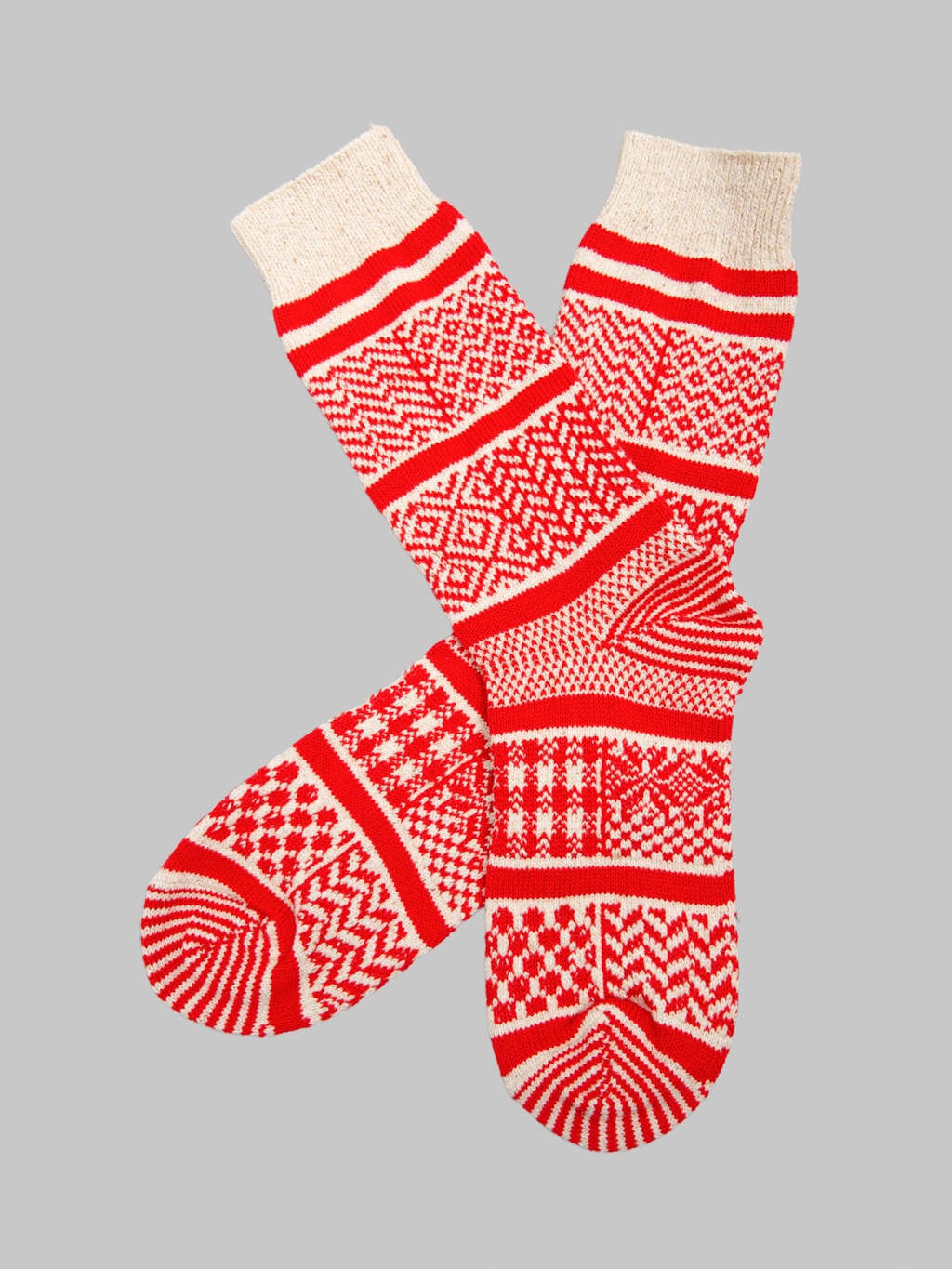 ROTOTO Multi Jacquard Crew Socks Ivory/Red