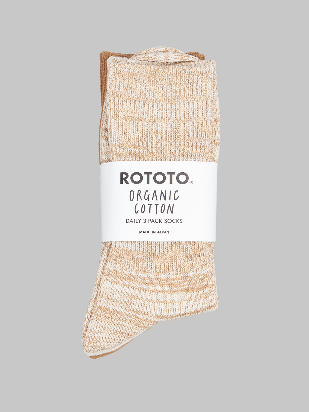 ROTOTO Organic Cotton Daily 3 Pack Ribbed Crew Socks Ecru/Brown