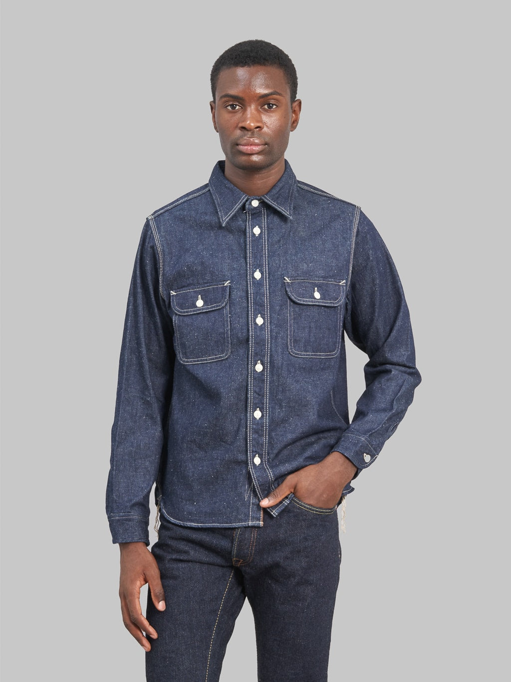 Samurai jeans denim work shirt model front fit