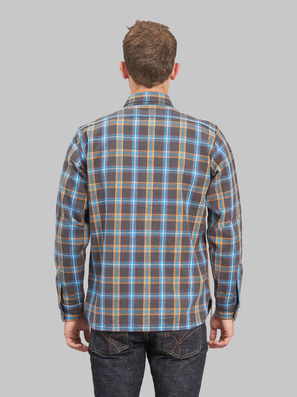 samurai jeans contest flannel work shirt model back fit