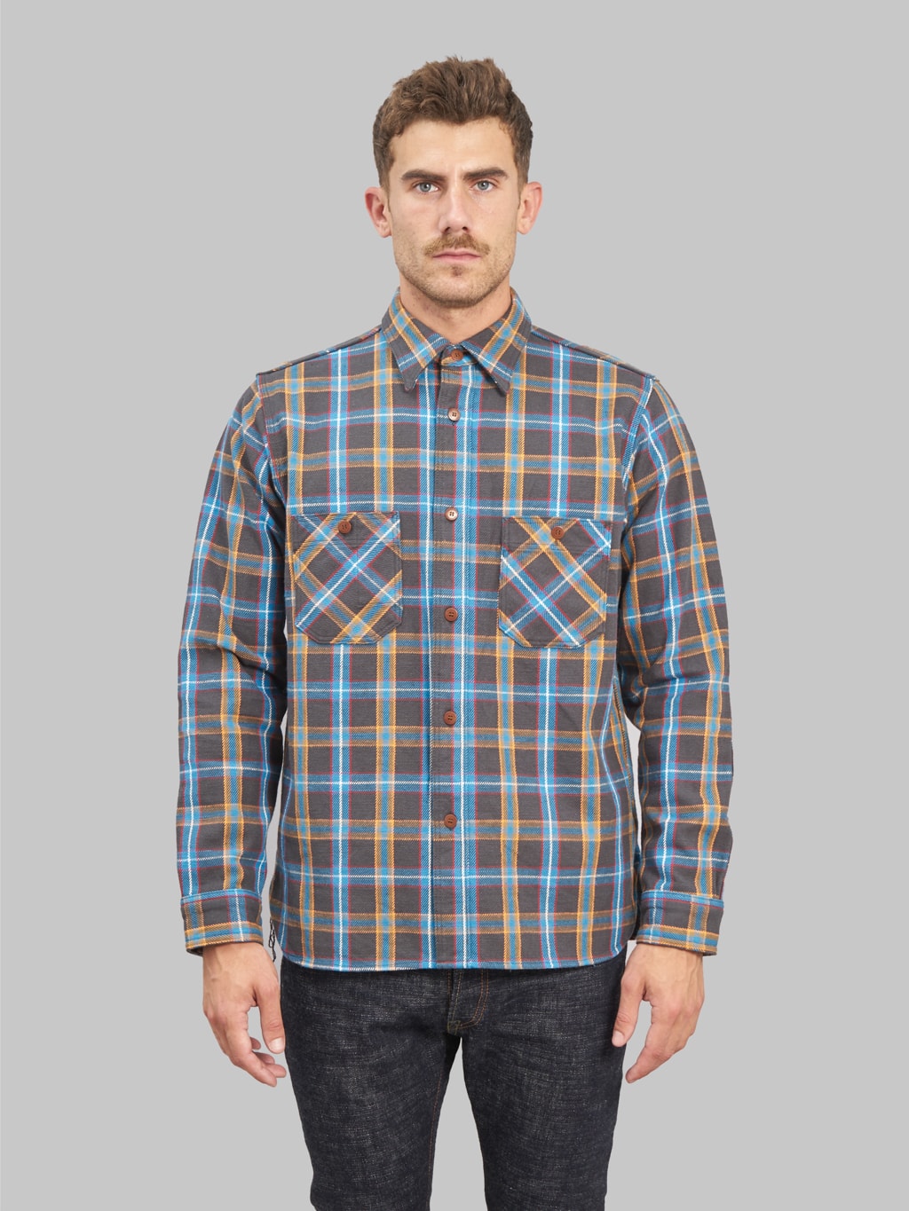 samurai jeans contest flannel work shirt  model front fit