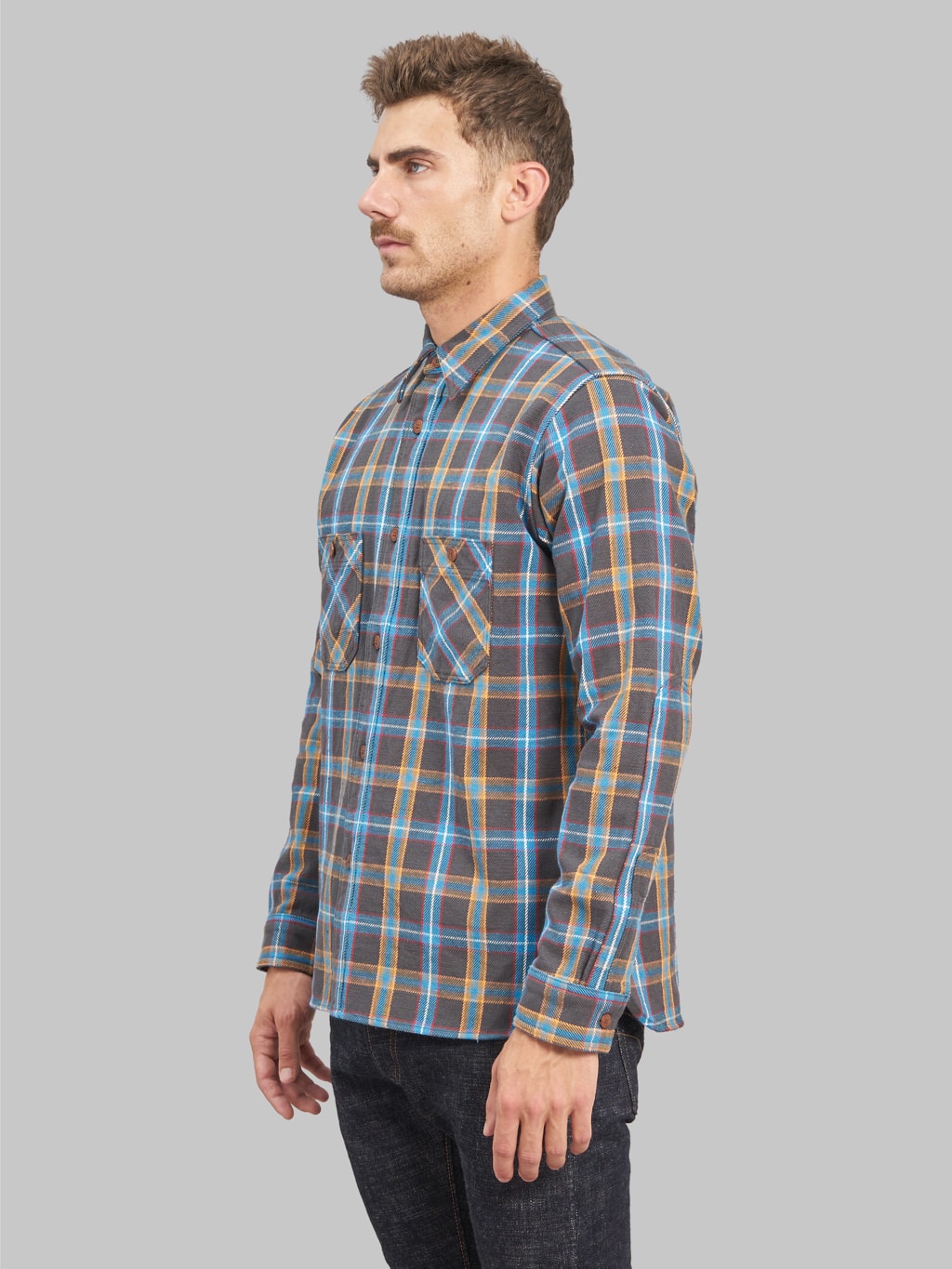 samurai jeans contest flannel work shirt model side fit