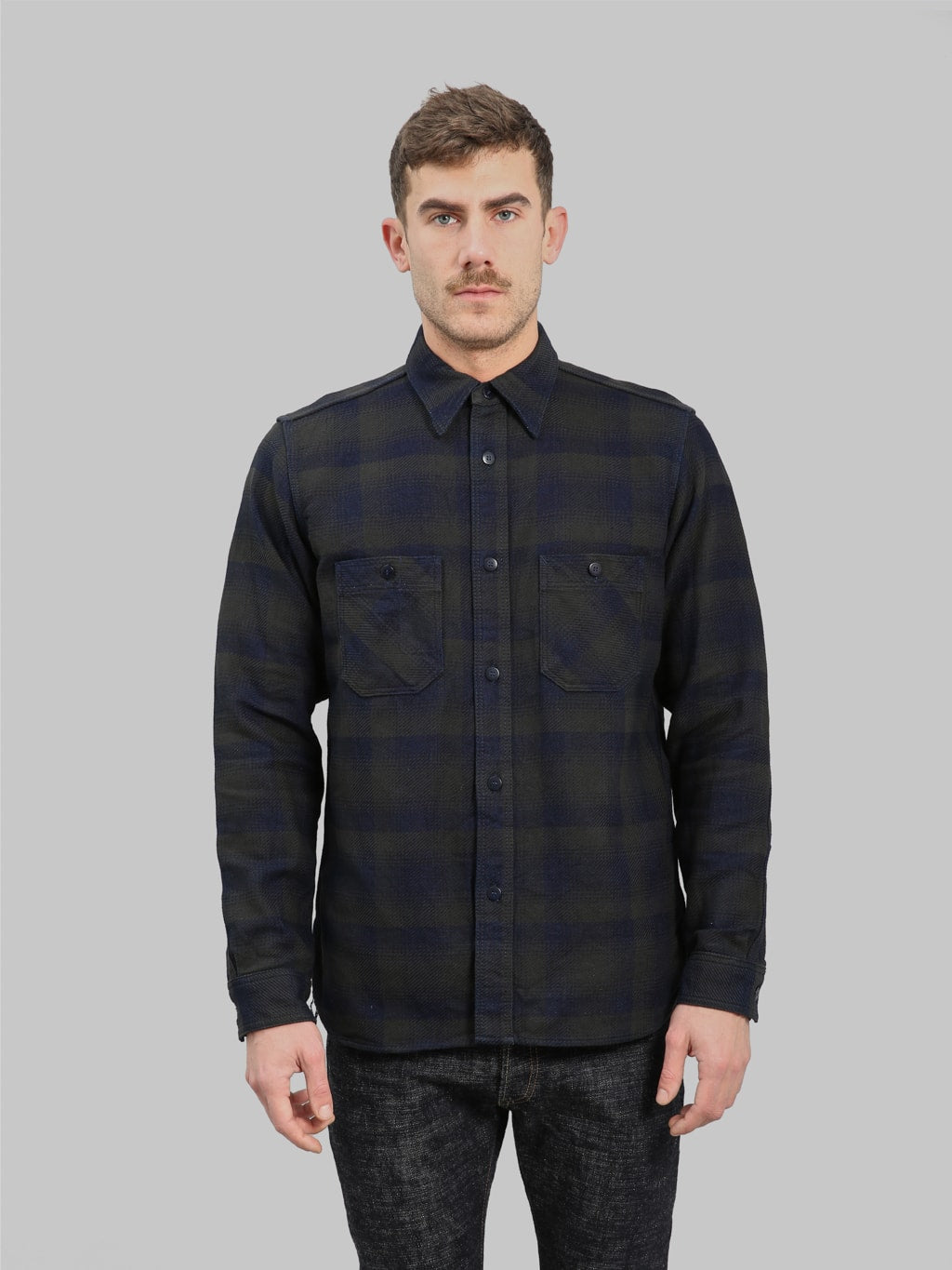 samurai jeans heavyweight rope dyed indigo flannel shirt buttoned