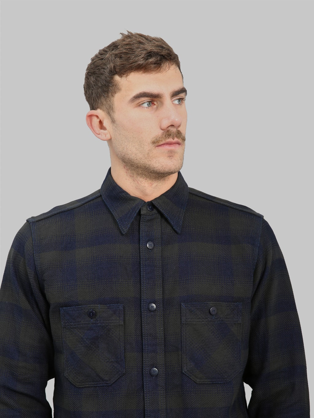 samurai jeans heavyweight rope dyed indigo flannel shirt chest