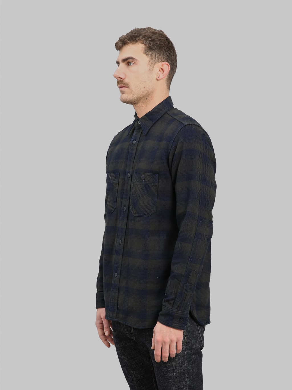 samurai jeans heavyweight rope dyed indigo flannel shirt side fit