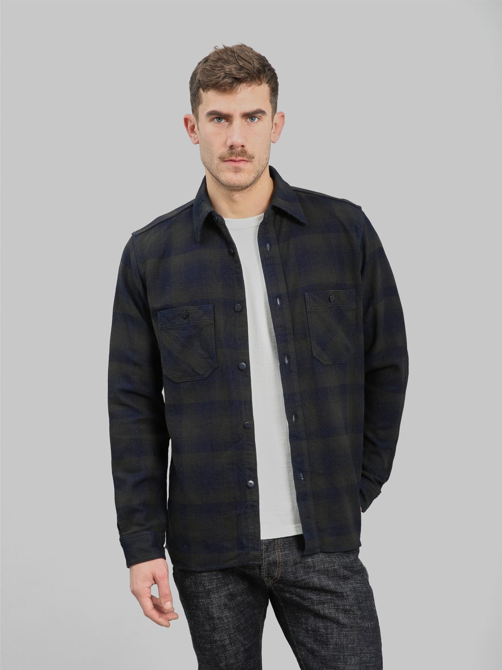 samurai jeans heavyweight rope dyed indigo flannel shirt styled