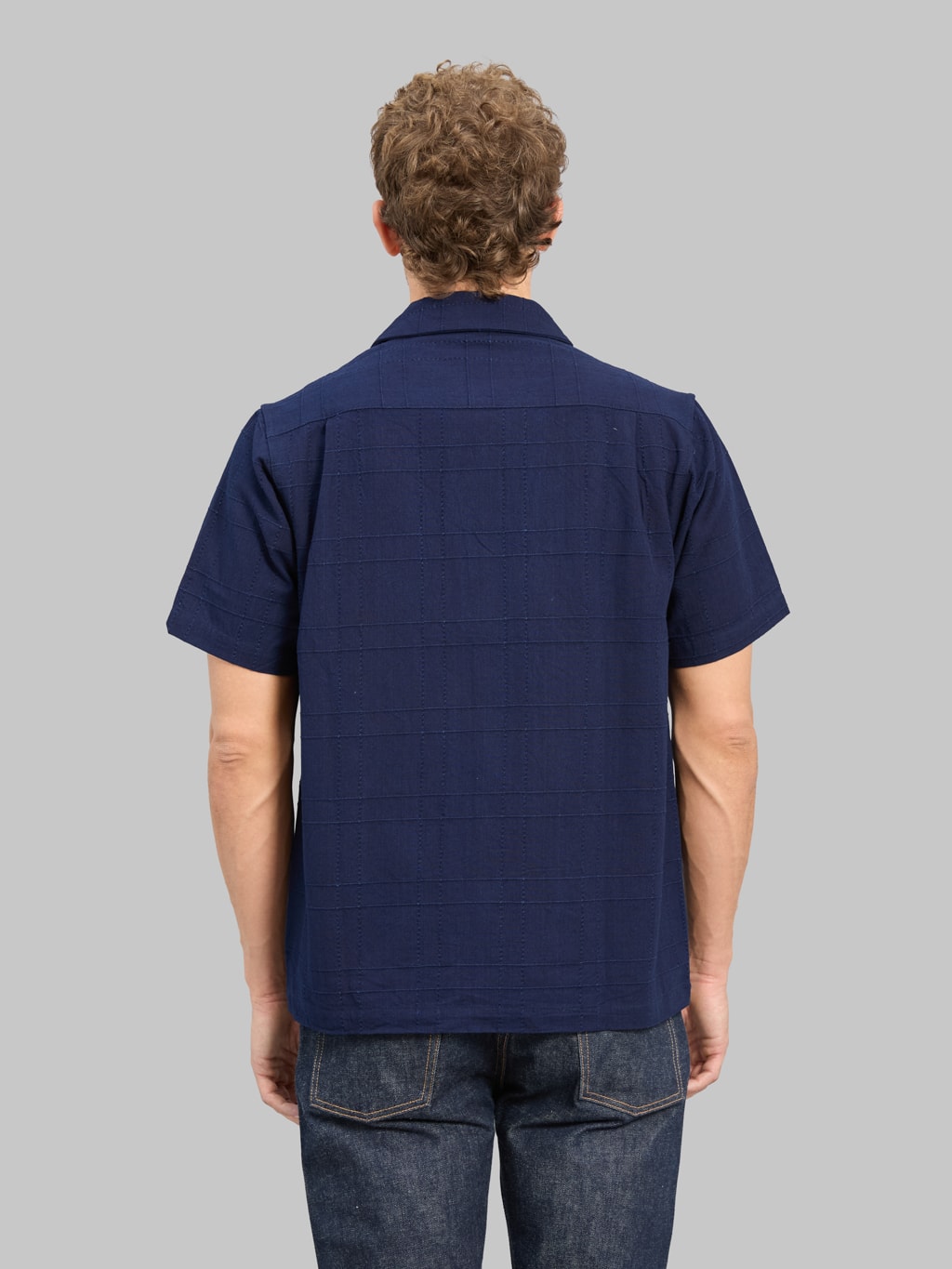 Samurai Jeans SOS26-ARS Indigo Sashiko Lattice Open Collar Shirt