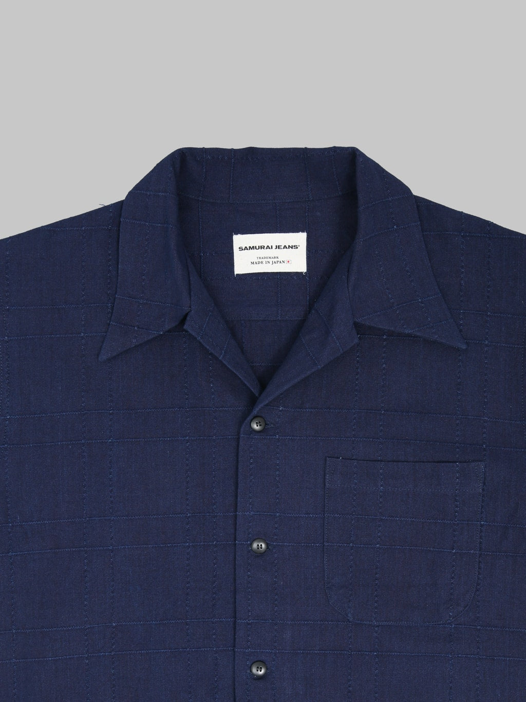 Samurai Jeans SOS26-ARS Indigo Sashiko Lattice Open Collar Shirt